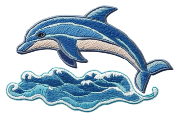 Dolphin leaping over waves ocean embroidery coastal side view. Patch design isolated