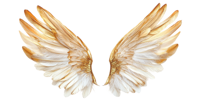 Elegant pair of gold wings and feathers isolated on transparent background, png style for digital art and graphic design projects.