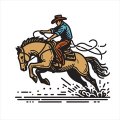 A cowboy on a rearing horse, swinging a lasso