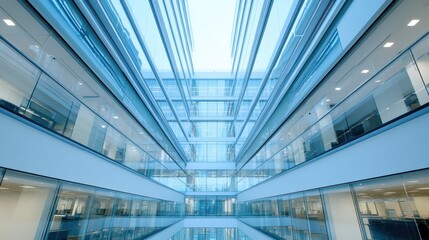 Aerial perspective of a spacious glass structure featuring a prominent skylight, showcasing modern architecture and design elements.