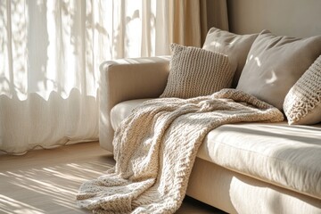 A cozy living room with a beige sofa, a knitted throw blanket