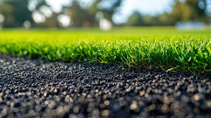 Close-up golf course edge, vibrant green grass, dark gravel border, sunny day, outdoor scene