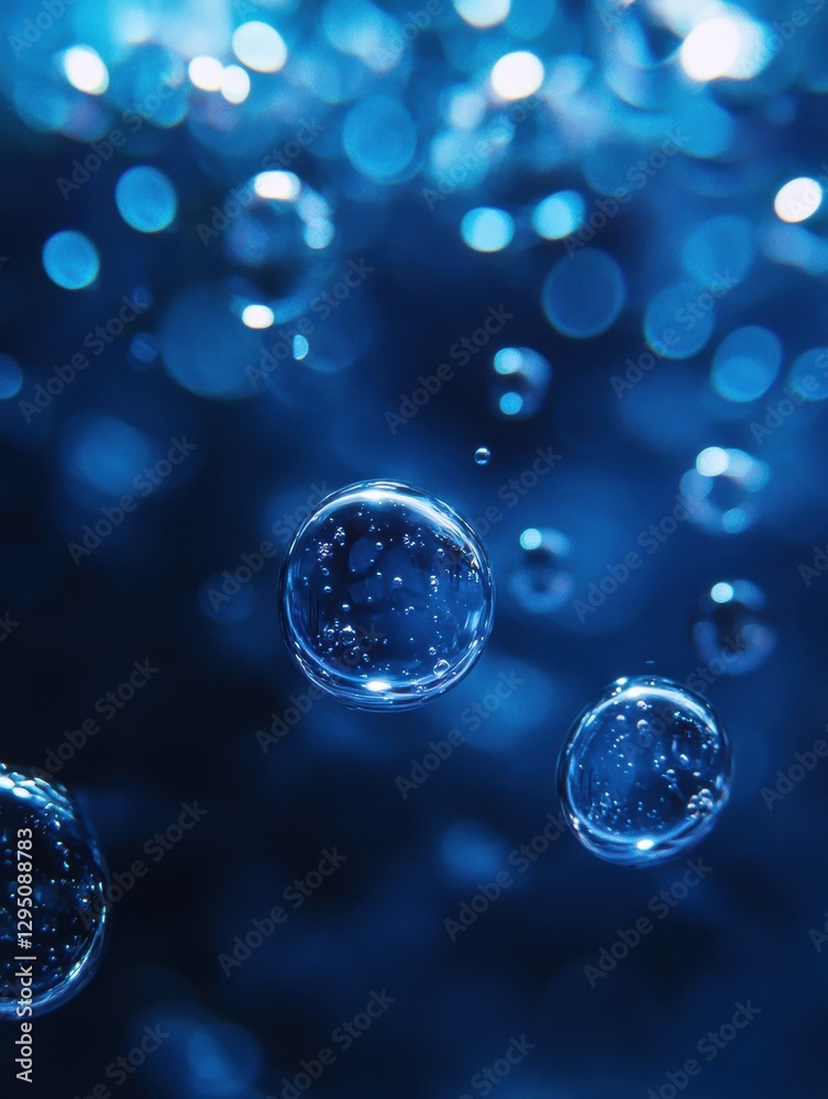 Poster glowing gas bubbles float gracefully in deep blue water during an underwater exploration. generative
