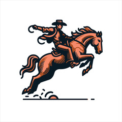 A cowboy on a rearing horse, swinging a lasso