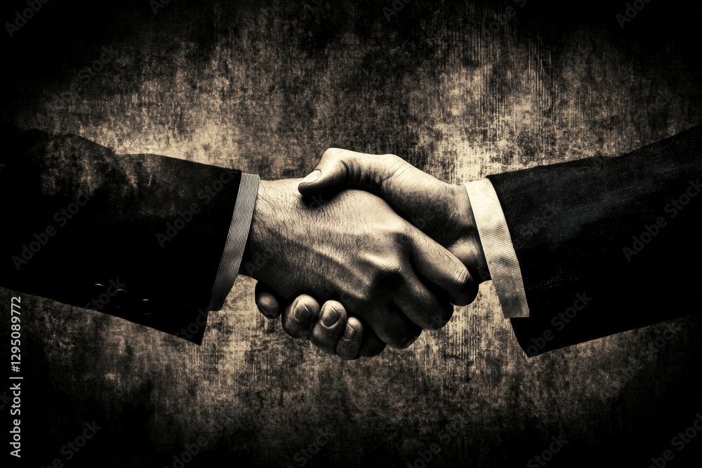 Poster grunge style handshake between two people in business attire representing agreement and partnership.