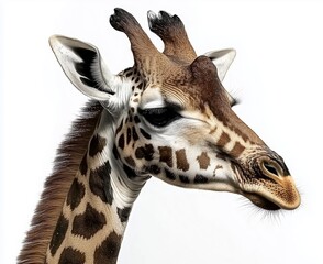 Obraz premium Majestic Giraffe Gazing Gracefully Against a White Background with Soft Lighting 