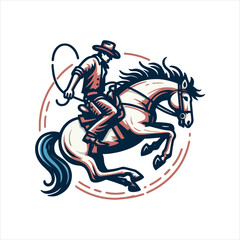 A cowboy on a rearing horse, swinging a lasso