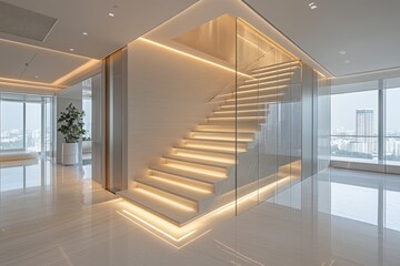 A detailed close-up of a staircase featuring a vibrant plant positioned in the corner of a modern building interior.