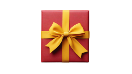 Red gift box with yellow bow and ribbons in top view on white png background, ideal for holiday celebrations and gift-giving designs.