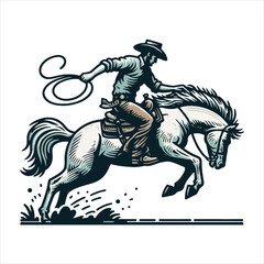 A cowboy on a rearing horse, swinging a lasso