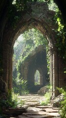 Overgrown Stone Archway Leading to Mysterious Ruins in Lush Greenery