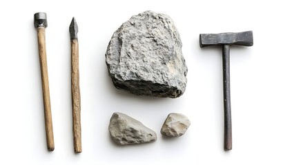 Prehistoric tools and rock on white background