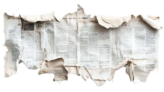 Torn newspaper pieces png with transparent background for scrapbooking, collage art, and graphic design projects.