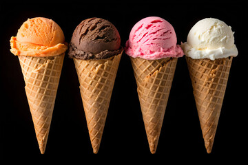 4 color choco pink whipped cone icecream isolated on dark black background cone icecream high quality closeup shot