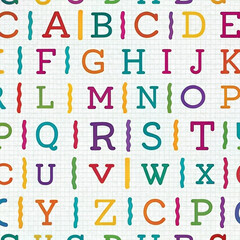 Colorful alphabet chart on grid background.