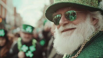 Joyful celebration of Saint Patrick's Day with cheerful man in green attire and sunglasses