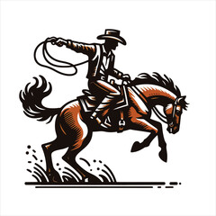 A cowboy on a rearing horse, swinging a lasso