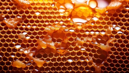 Macro shot of a honeycomb cell filled with glistening golden honey, showcasing its smooth texture and natural, radiant beauty.