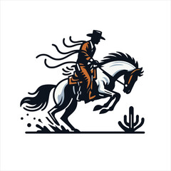 A cowboy on a rearing horse, swinging a lasso