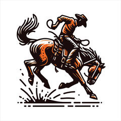 A cowboy on a rearing horse, swinging a lasso