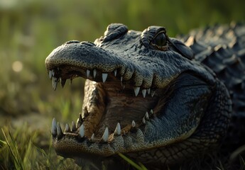 Obraz premium A Close-Up of a Fierce Alligator with Open Mouth Showcasing Sharp Teeth on a Blurred Natural Background in Soft Evening Light