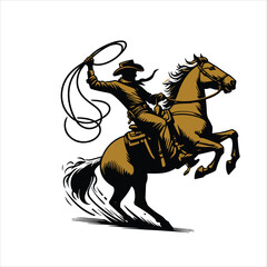 A cowboy on a rearing horse, swinging a lasso