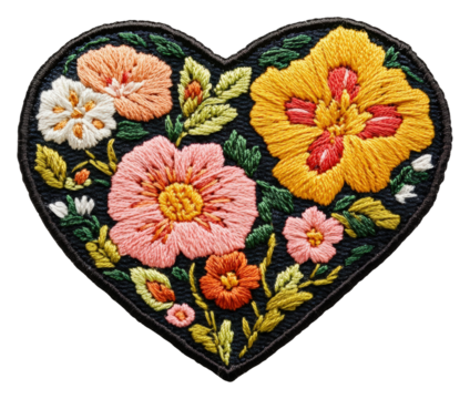 Embroidered floral heart patch crafting textile cozy creative design. Patch design isolated