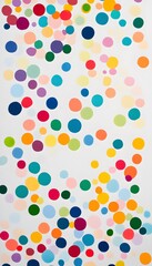 Multicolored circles are scattered randomly across a white background