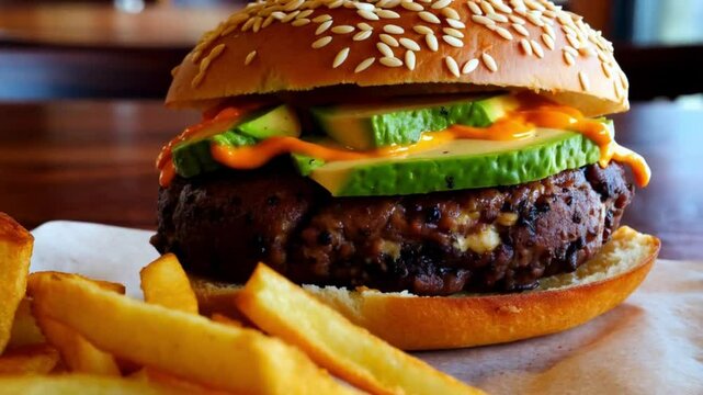 Black bean burger with a toasted sesame seed bun, avocado slices, and spicy chipotle mayo, served with a side of fries, casual diner setting, warm natural light, bold and appetizing food
