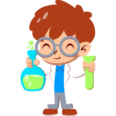 Cute a boy scientist with tubes cartoon icon illustration. vector icon concept. Flat cartoon style	
