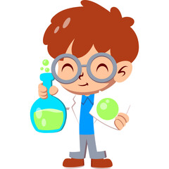 Cute a boy scientist with tubes cartoon icon illustration. vector icon concept. Flat cartoon style	
