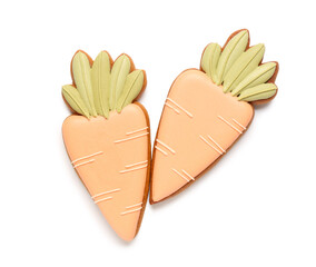 Tasty Easter cookies in shape of carrot isolated on white background, closeup
