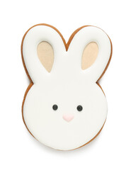 Tasty Easter cookie in shape of bunny isolated on white background, closeup