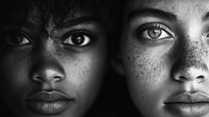 Close-up of two young women with striking eyes and freckles, showcasing diverse beauty and expressions