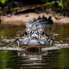 Fototapeta premium Close-Up of a Crocodile Emerging from the Water Surrounded by Lush Greenery in a Tropical River Setting