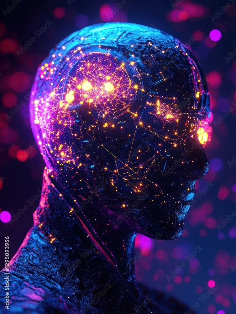 Leinwandbilder Human silhouette filled with glowing AI nodes against cosmic cyberpunk background featuring digital fractal patterns. Generative AI