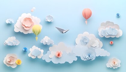 Obraz premium Paper airplanes and hot air balloons float through clouds