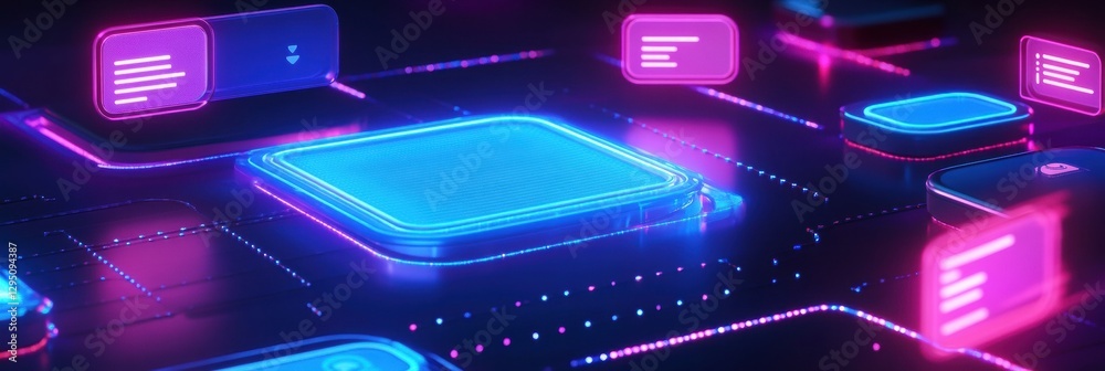 Aufkleber Colorful social media chat interface with glowing text notifications and floating message bubbles at night. Generative AI