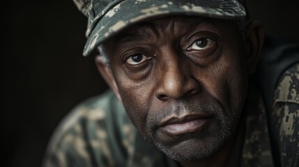 Obraz premium Close-up portrait of a soldier in uniform, reflecting determination in a dimly lit environment