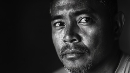 Close-up portrait of a thoughtful man gazing off-camera in a dimly lit room
