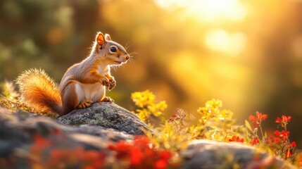 Cute squirrel in Spring field in forest.