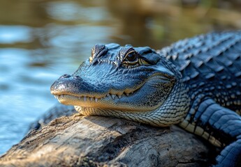 Fototapeta premium Close-Up of a Crocodile Resting on a Log by the Water’s Edge, Capturing the Natural Habitat and Unique Features of This Reptile in a Serene Setting