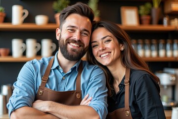 Happy Couple of Baristas in a Cozy Café, Smiling Together with an Inviting Atmosphere, Serving Delicious Coffee and Creating a Warm Community Vibe