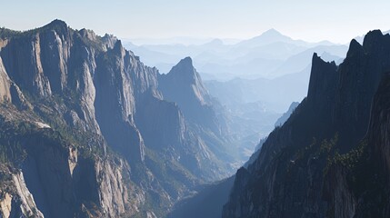 Panoramic View of a Mountain Valley with Hazy Blue and Grey Peaks