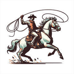 A cowboy on a rearing horse, swinging a lasso