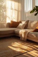 A cozy living room with a plush sectional, a textured area rug
