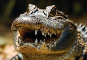 Obraz premium Close-Up of a Crocodile with Sharp Teeth and Lively Expression in Natural Habitat Captured in Bright Sunlight