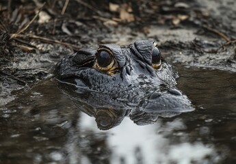 Obraz premium Close-Up of a Crocodile's Head Emerging from the Water in a Wetland Environment Surrounded by Mud and Natural Vegetation