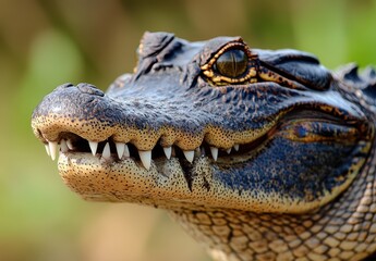 Fototapeta premium Close-Up of a Crocodile's Head Showcasing Sharp Teeth and Detailed Skin Texture in Natural Habitat with Blurred Background