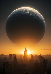 Surreal Cityscape with Giant Planet Rising Above Buildings at Sunset